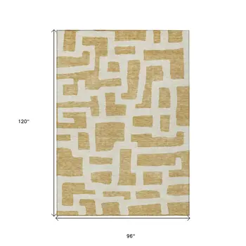 8' X 10' Gold And Ivory Abstract Washable Indoor Outdoor Area Rug