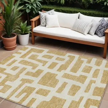 9' X 12' Gold And Ivory Abstract Washable Indoor Outdoor Area Rug