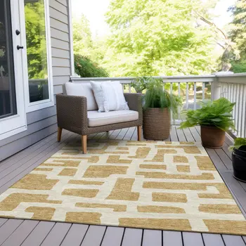 10' X 14' Gold And Ivory Abstract Washable Indoor Outdoor Area Rug
