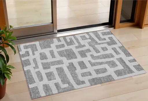 3' X 5' Gray And Ivory Abstract Washable Indoor Outdoor Area Rug