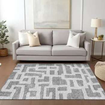 5' X 8' Gray And Ivory Abstract Washable Indoor Outdoor Area Rug