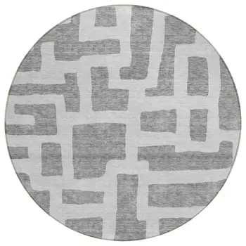 8' Gray And Ivory Round Abstract Washable Indoor Outdoor Area Rug