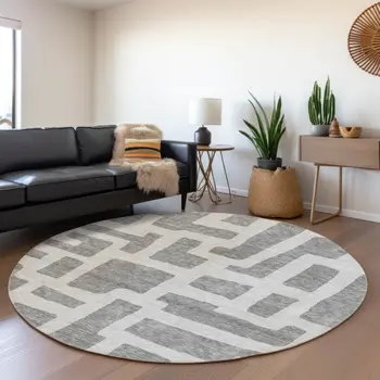 8' Gray And Ivory Round Abstract Washable Indoor Outdoor Area Rug