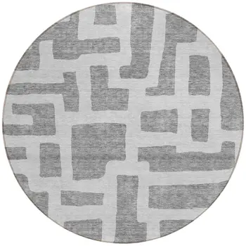 8' Gray And Ivory Round Abstract Washable Indoor Outdoor Area Rug