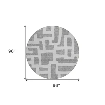 8' Gray And Ivory Round Abstract Washable Indoor Outdoor Area Rug