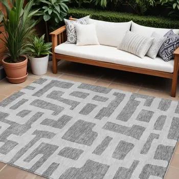 9' X 12' Gray And Ivory Abstract Washable Indoor Outdoor Area Rug