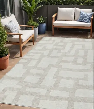 5' X 8' Ivory And Beige Abstract Washable Indoor Outdoor Area Rug
