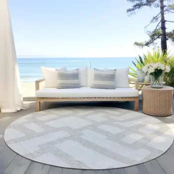 8' Ivory And Beige Round Abstract Washable Indoor Outdoor Area Rug