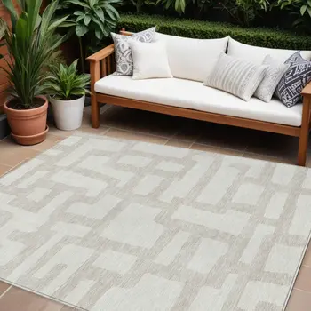 8' X 10' Ivory And Beige Abstract Washable Indoor Outdoor Area Rug