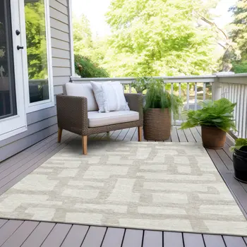 8' X 10' Ivory And Beige Abstract Washable Indoor Outdoor Area Rug