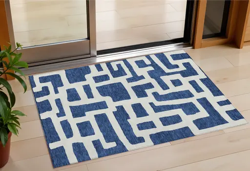 3' X 5' Navy Blue And Ivory Abstract Washable Indoor Outdoor Area Rug