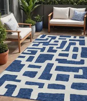 5' X 8' Navy Blue And Ivory Abstract Washable Indoor Outdoor Area Rug