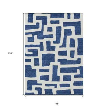 8' X 10' Navy Blue And Ivory Abstract Washable Indoor Outdoor Area Rug