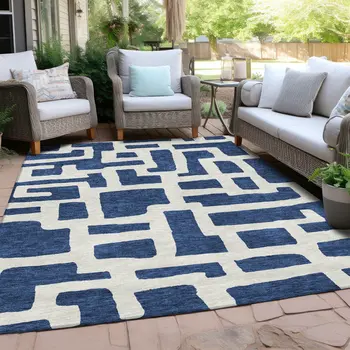 8' X 10' Navy Blue And Ivory Abstract Washable Indoor Outdoor Area Rug