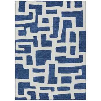 8' X 10' Navy Blue And Ivory Abstract Washable Indoor Outdoor Area Rug