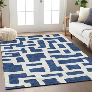 8' X 10' Navy Blue And Ivory Abstract Washable Indoor Outdoor Area Rug