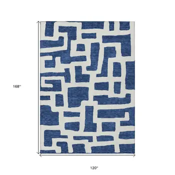 10' X 14' Navy Blue And Ivory Abstract Washable Indoor Outdoor Area Rug