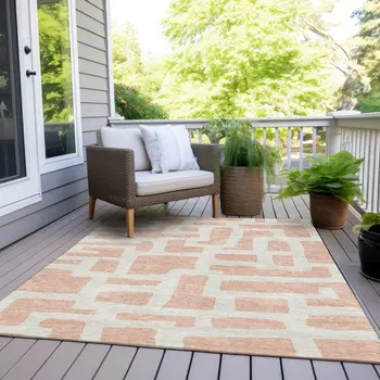 5' X 8' Peach And Gray Abstract Washable Indoor Outdoor Area Rug