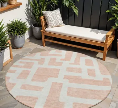 8' Peach And Gray Round Abstract Washable Indoor Outdoor Area Rug