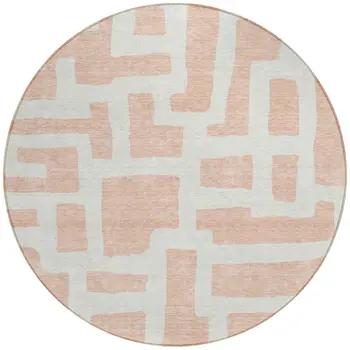 8' Peach And Gray Round Abstract Washable Indoor Outdoor Area Rug
