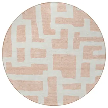 8' Peach And Gray Round Abstract Washable Indoor Outdoor Area Rug
