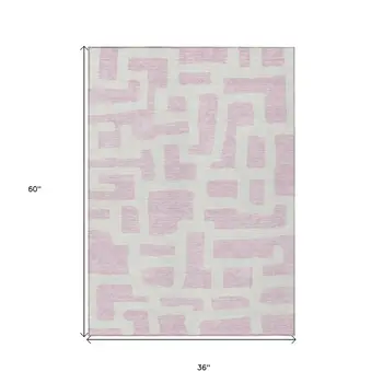 3' X 5' Pink And Ivory Abstract Washable Indoor Outdoor Area Rug
