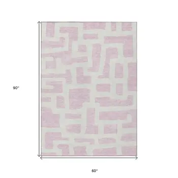 5' X 8' Pink And Ivory Abstract Washable Indoor Outdoor Area Rug