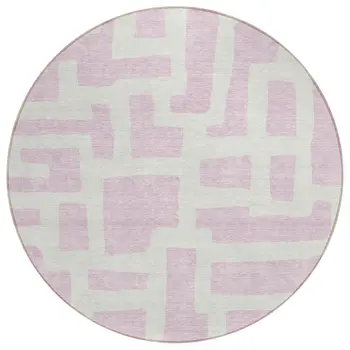 8' Pink And Ivory Round Abstract Washable Indoor Outdoor Area Rug