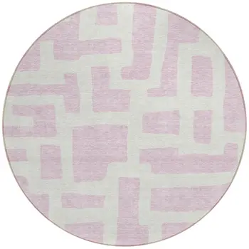 8' Pink And Ivory Round Abstract Washable Indoor Outdoor Area Rug