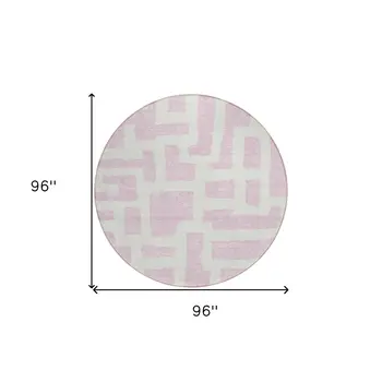 8' Pink And Ivory Round Abstract Washable Indoor Outdoor Area Rug