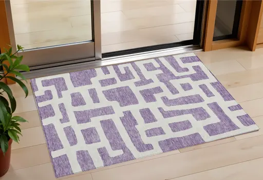 3' X 5' Purple And Ivory Abstract Washable Indoor Outdoor Area Rug