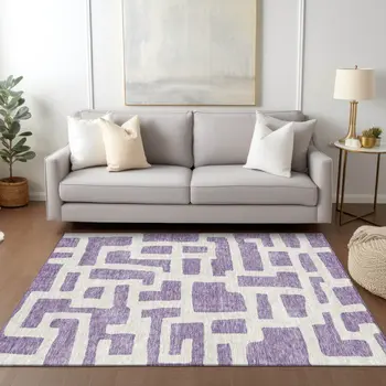 5' X 8' Purple And Ivory Abstract Washable Indoor Outdoor Area Rug