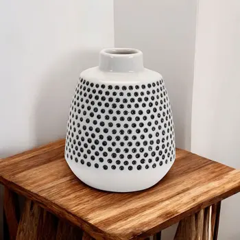Set of Four Black And White Round Ceramic Table Vase