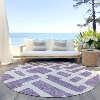 8' Purple And Ivory Round Abstract Washable Indoor Outdoor Area Rug