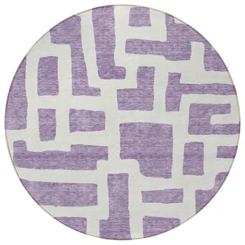 8' Purple And Ivory Round Abstract Washable Indoor Outdoor Area Rug