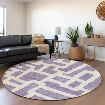 8' Purple And Ivory Round Abstract Washable Indoor Outdoor Area Rug