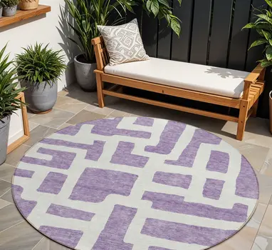 8' Purple And Ivory Round Abstract Washable Indoor Outdoor Area Rug