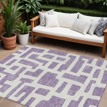 9' X 12' Purple And Ivory Abstract Washable Indoor Outdoor Area Rug
