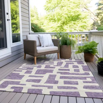 10' X 14' Purple And Ivory Abstract Washable Indoor Outdoor Area Rug