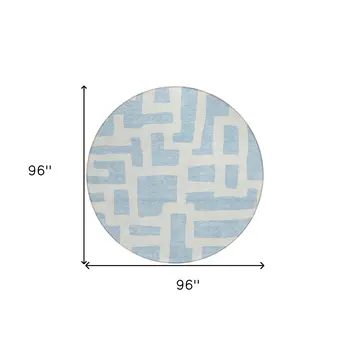 8' Sky Blue And Ivory Round Abstract Washable Indoor Outdoor Area Rug