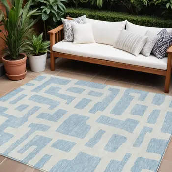 8' X 10' Sky Blue And Ivory Abstract Washable Indoor Outdoor Area Rug