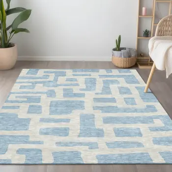 10' X 14' Sky Blue And Ivory Abstract Washable Indoor Outdoor Area Rug