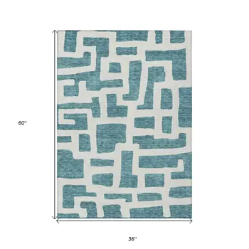 3' X 5' Teal Blue And Ivory Abstract Washable Indoor Outdoor Area Rug