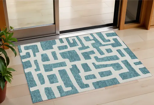 3' X 5' Teal Blue And Ivory Abstract Washable Indoor Outdoor Area Rug