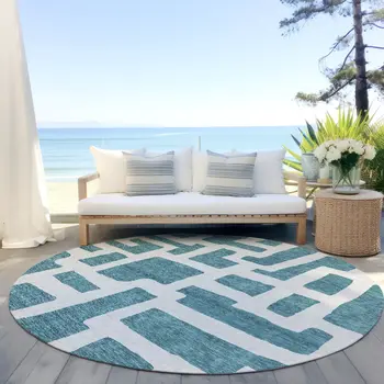 8' Teal Blue And Ivory Round Abstract Washable Indoor Outdoor Area Rug