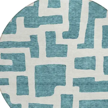 8' Teal Blue And Ivory Round Abstract Washable Indoor Outdoor Area Rug