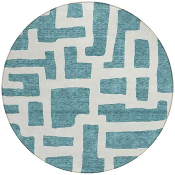 8' Teal Blue And Ivory Round Abstract Washable Indoor Outdoor Area Rug
