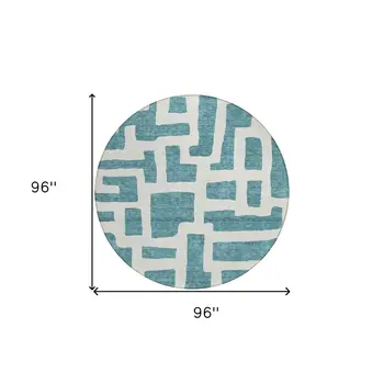 8' Teal Blue And Ivory Round Abstract Washable Indoor Outdoor Area Rug