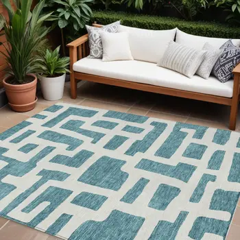 8' X 10' Teal Blue And Ivory Abstract Washable Indoor Outdoor Area Rug