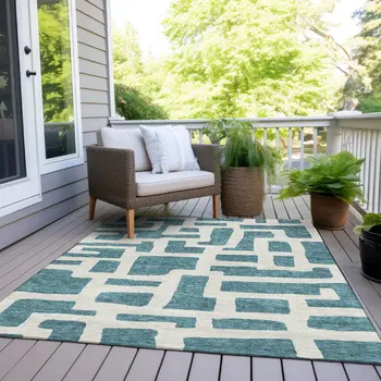 8' X 10' Teal Blue And Ivory Abstract Washable Indoor Outdoor Area Rug